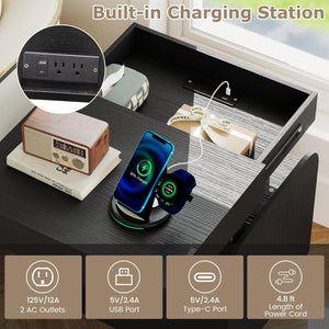 Nightstand with Charging Station Modern Bedside Table for Living Room Bedroom Office-Black view 9