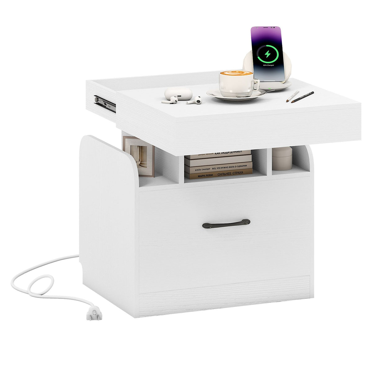 Nightstand with Charging Station Modern Bedside Table for Living Room Bedroom Office-White view 4