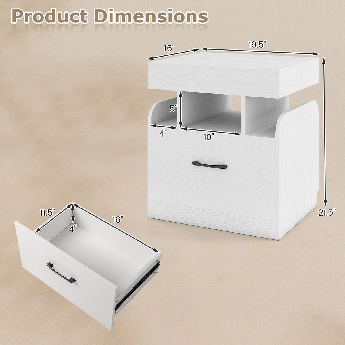 Nightstand with Charging Station Modern Bedside Table for Living Room Bedroom Office-White view 5