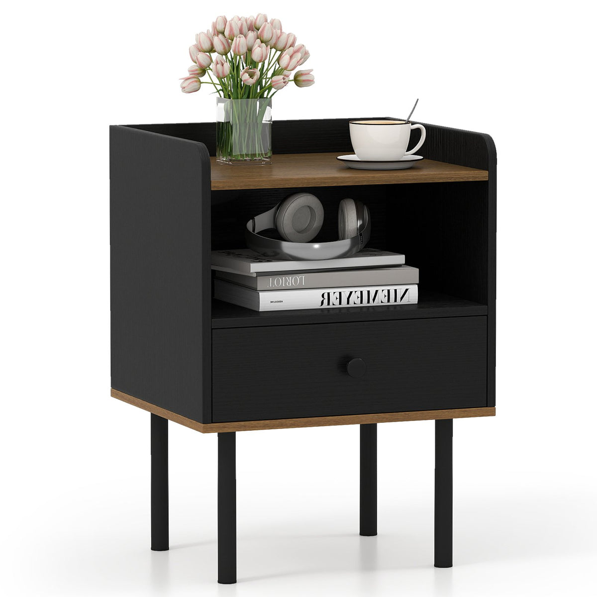 Nightstand with Drawer 3-Tier Sofa Side Table with Open Storage Shelf-Black