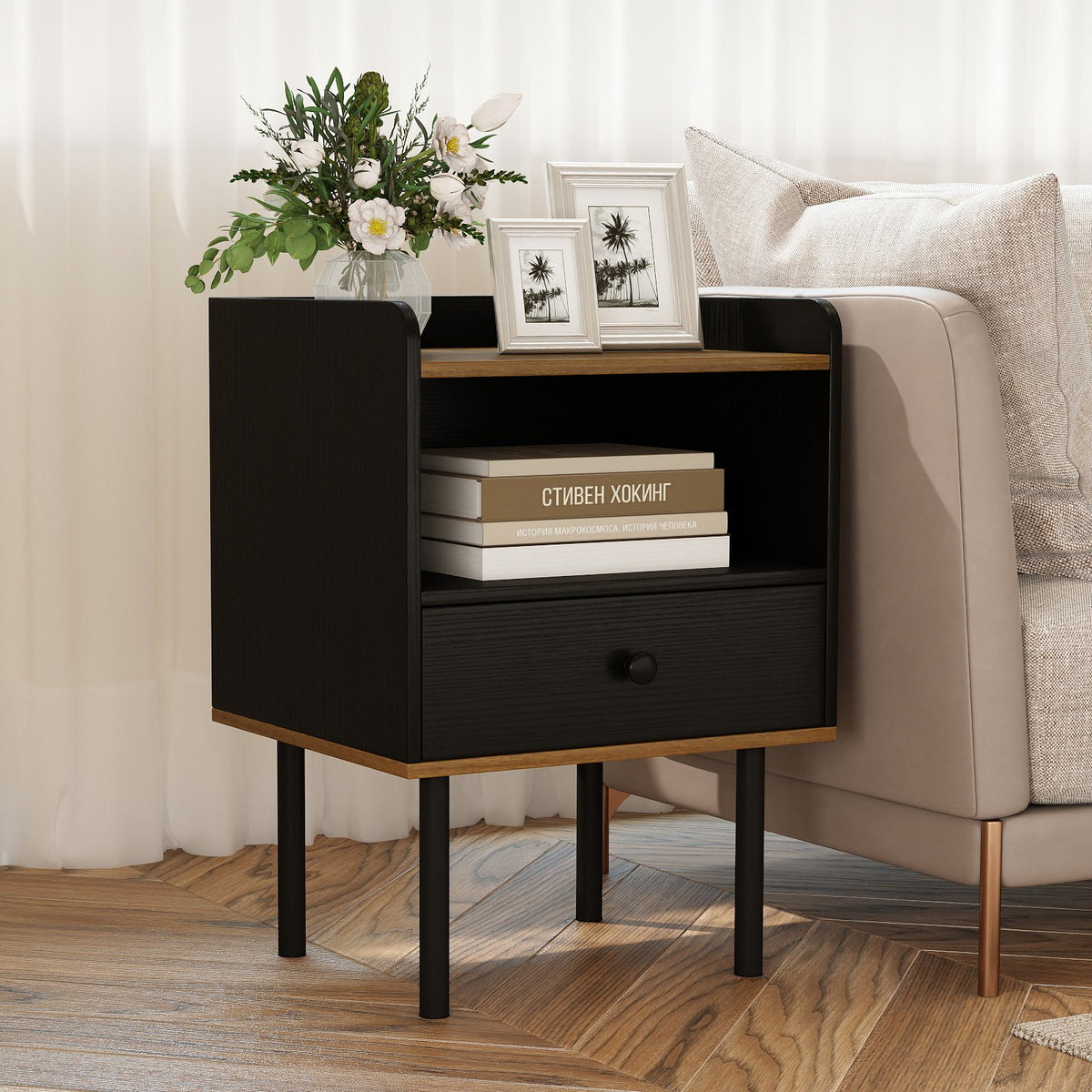 Nightstand with Drawer 3-Tier Sofa Side Table with Open Storage Shelf-Black view 3