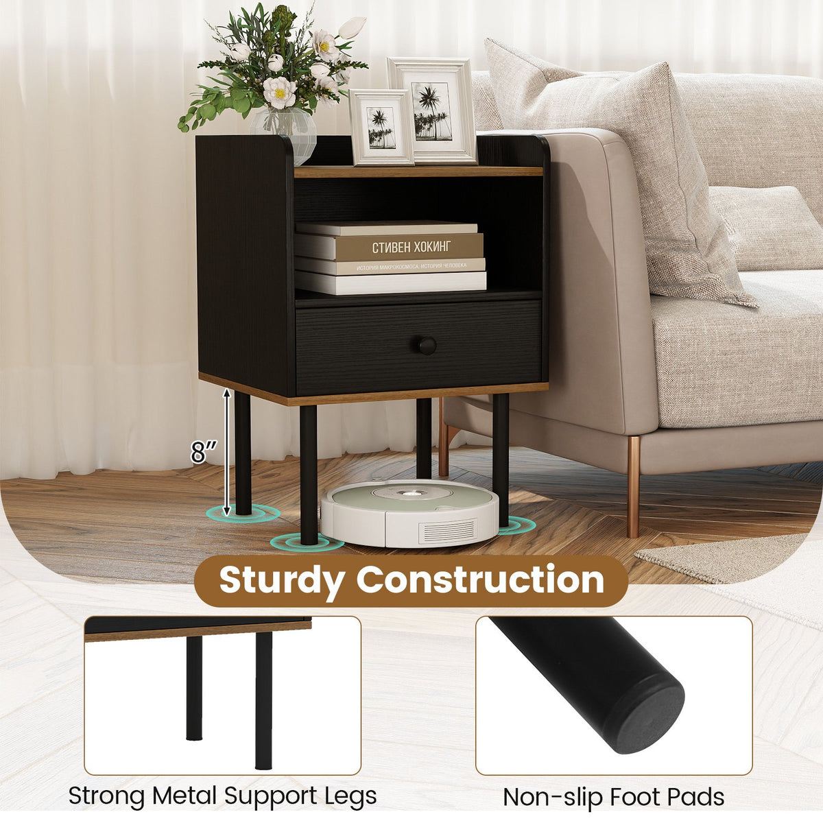 Nightstand with Drawer 3-Tier Sofa Side Table with Open Storage Shelf-Black view 7