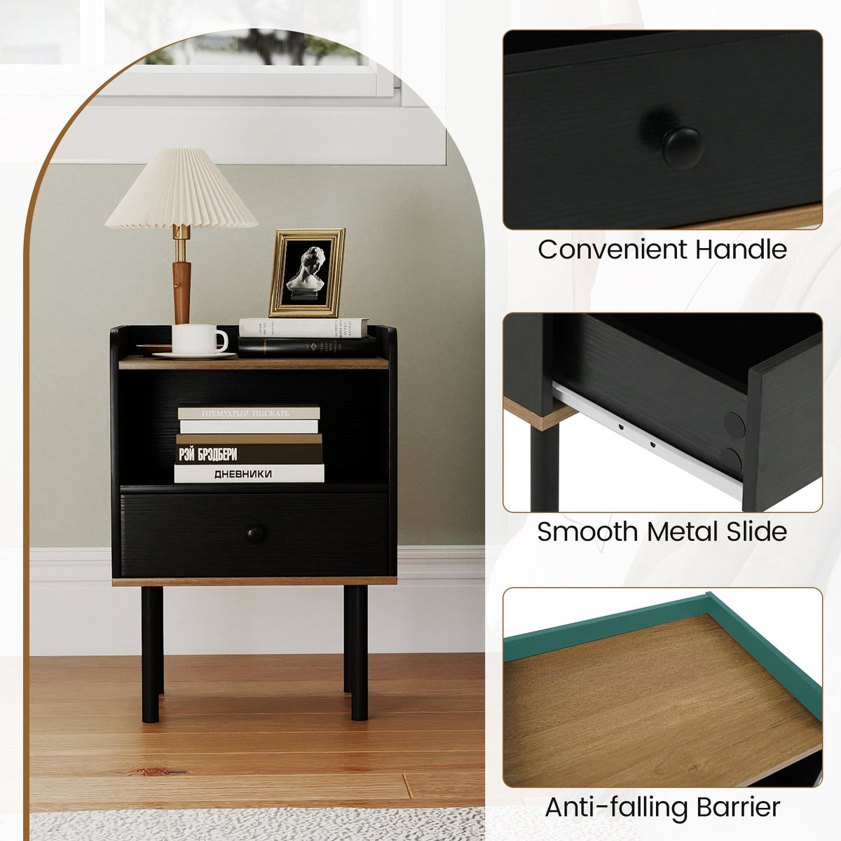 Nightstand with Drawer 3-Tier Sofa Side Table with Open Storage Shelf-Black view 8