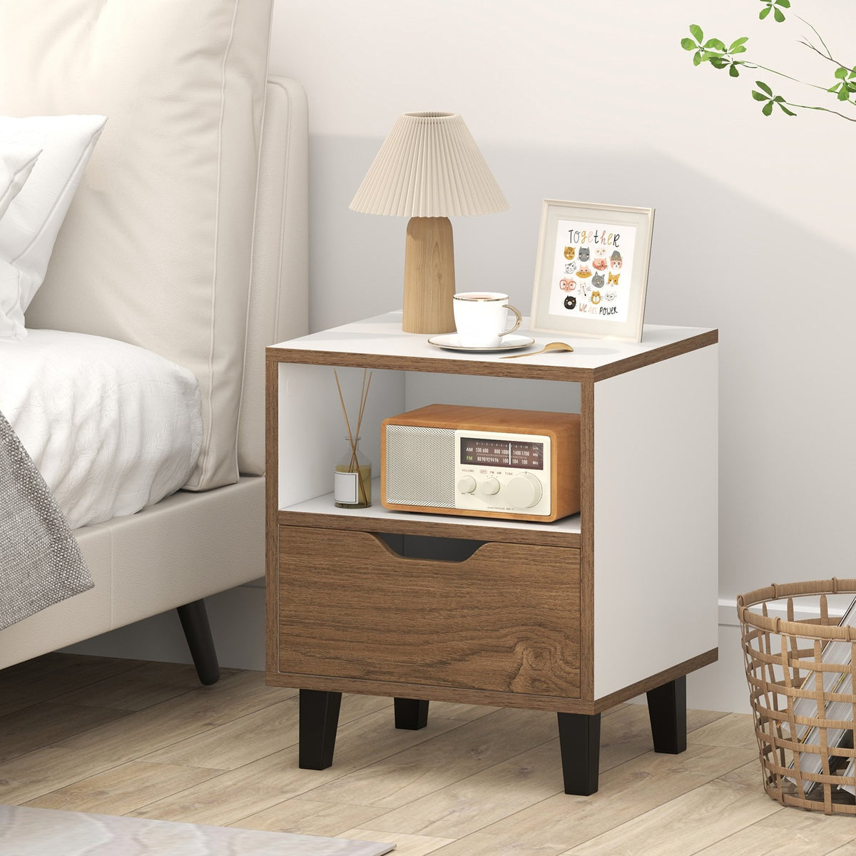 Nightstand with Drawer and Open Storage Shelf for Bedroom-White view 3