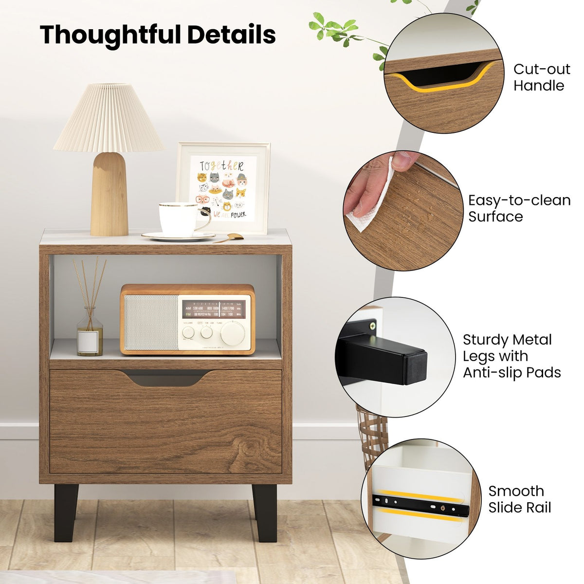 Nightstand with Drawer and Open Storage Shelf for Bedroom-White view 6