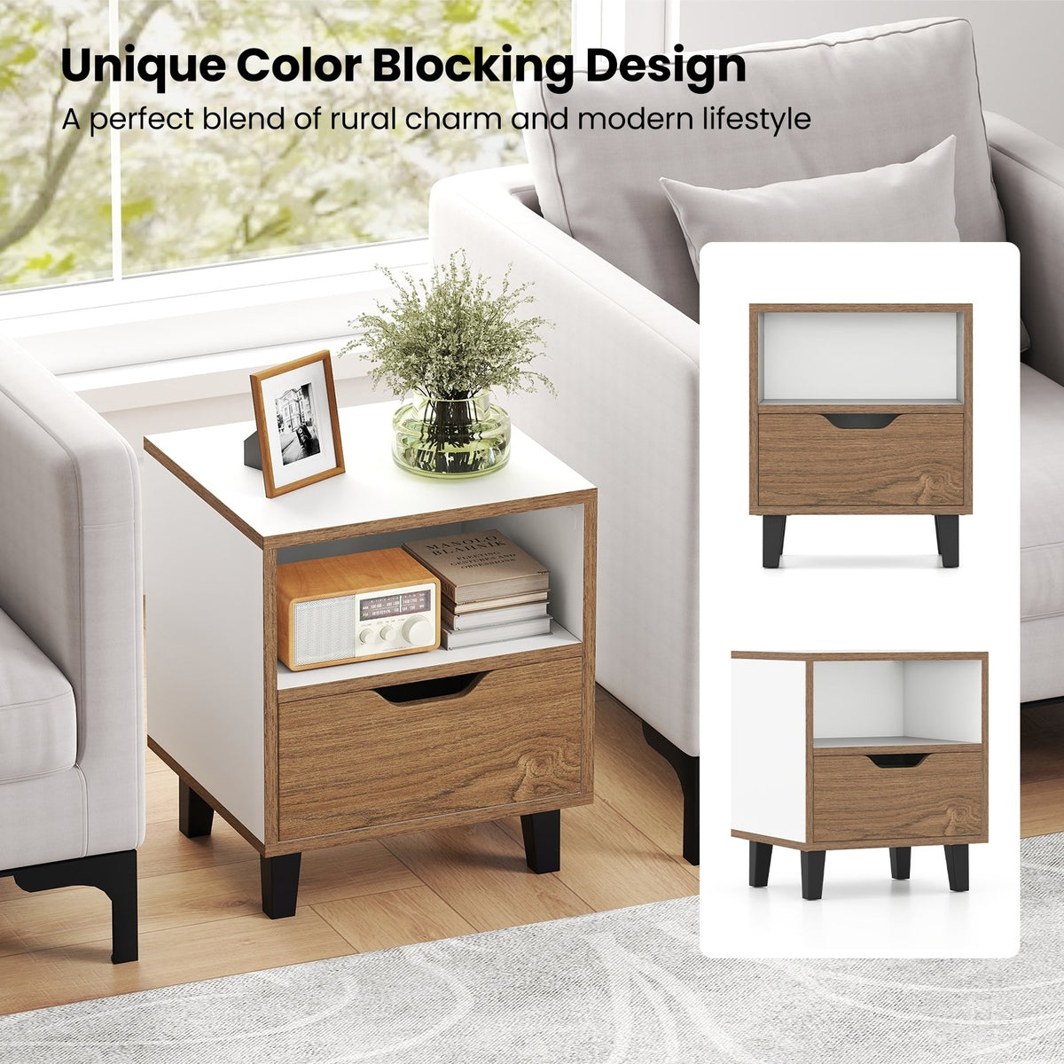 Nightstand with Drawer and Open Storage Shelf for Bedroom-White view 8
