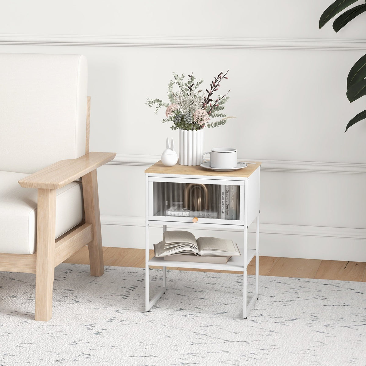 Nightstand with Flip up Door Storage Shelf-White view 2