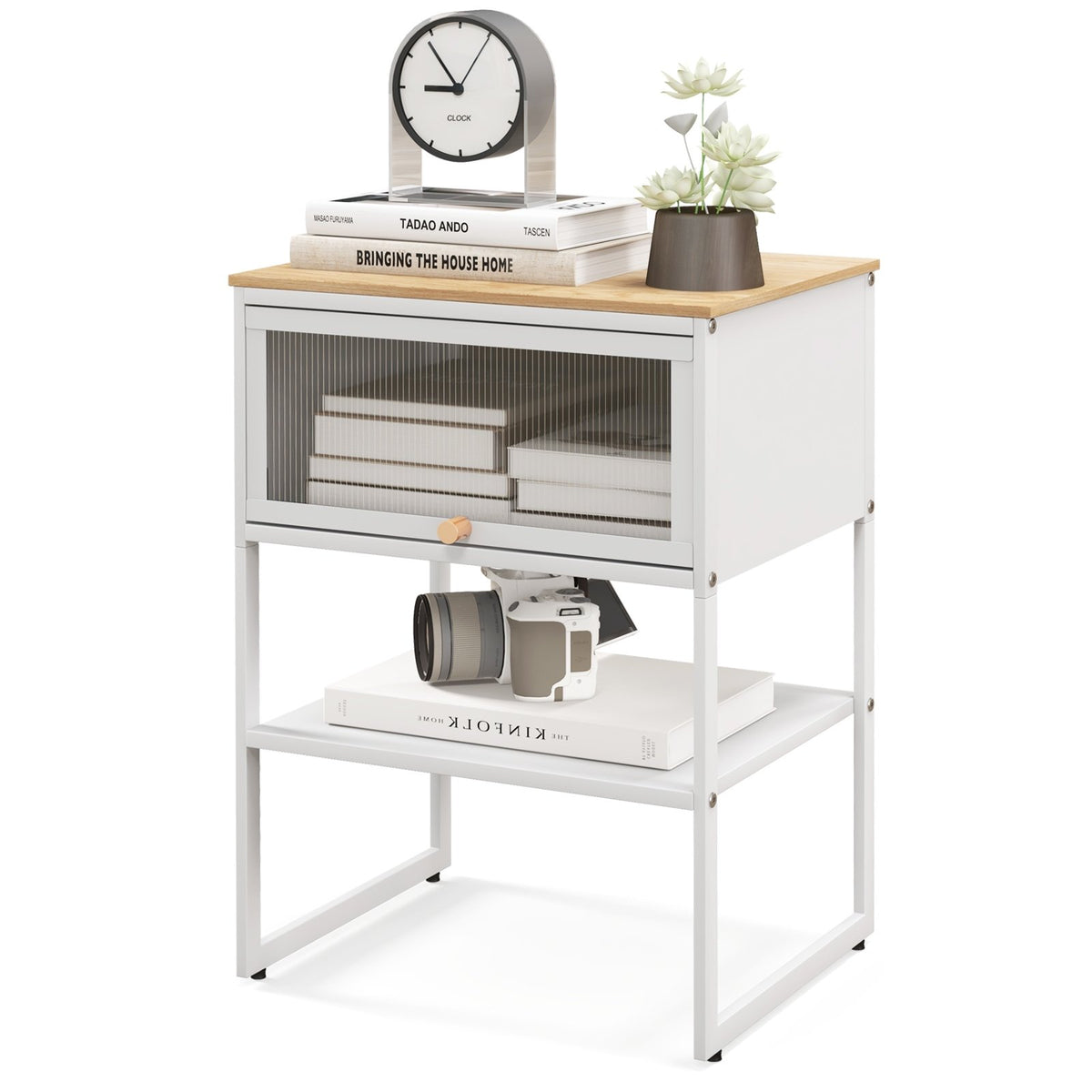 Nightstand with Flip up Door Storage Shelf-White view 4