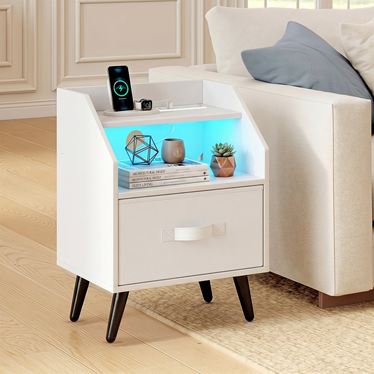 Nightstand with Power Outlets and Open Storage Shelf for Living Room-White view 2