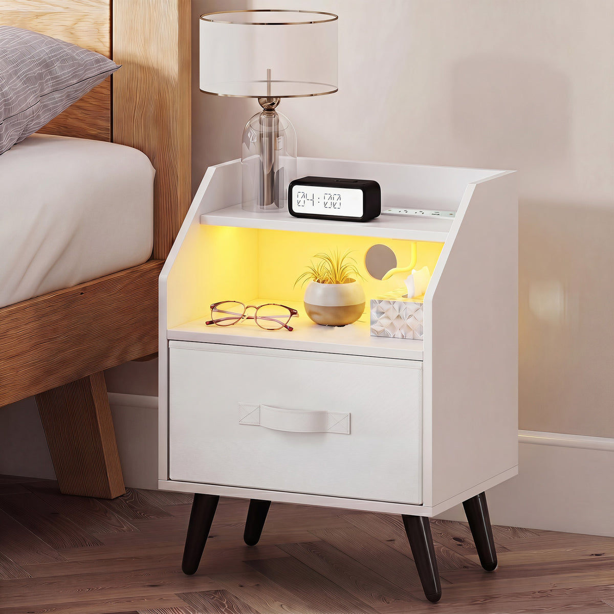 Nightstand with Power Outlets and Open Storage Shelf for Living Room-White view 3
