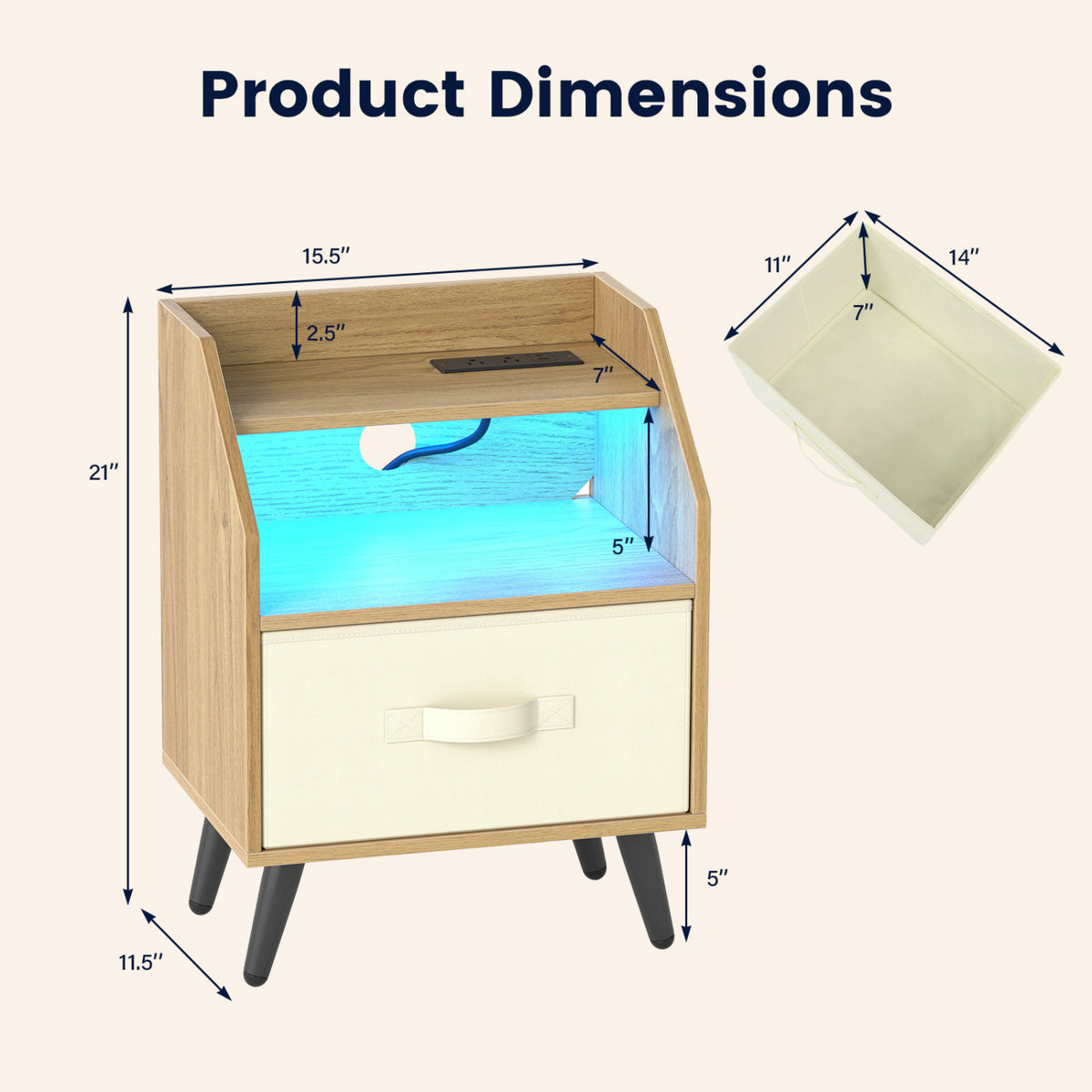 Nightstand with Power Outlets and Open Storage Shelf-Natrual view 5