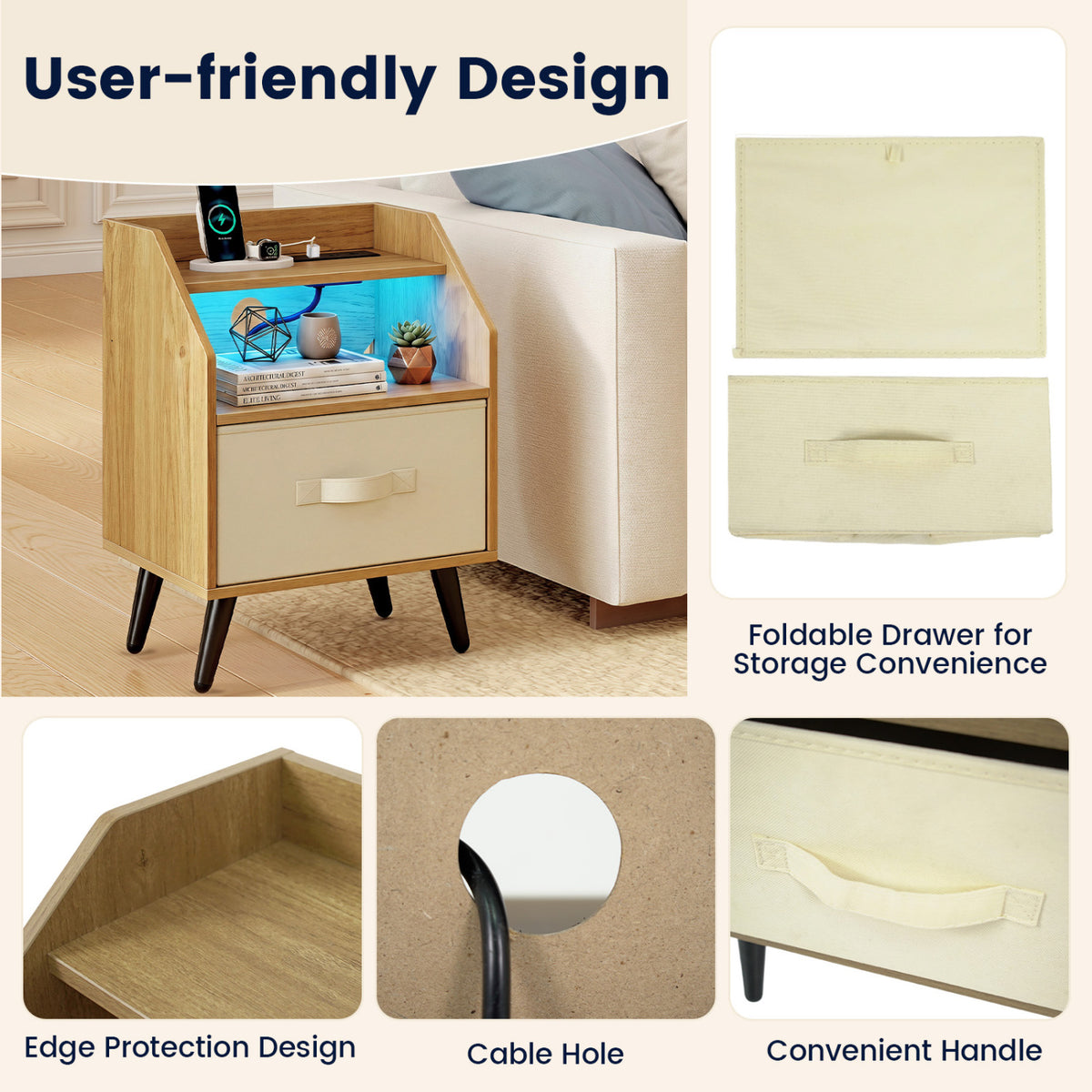 Nightstand with Power Outlets and Open Storage Shelf-Natrual view 6