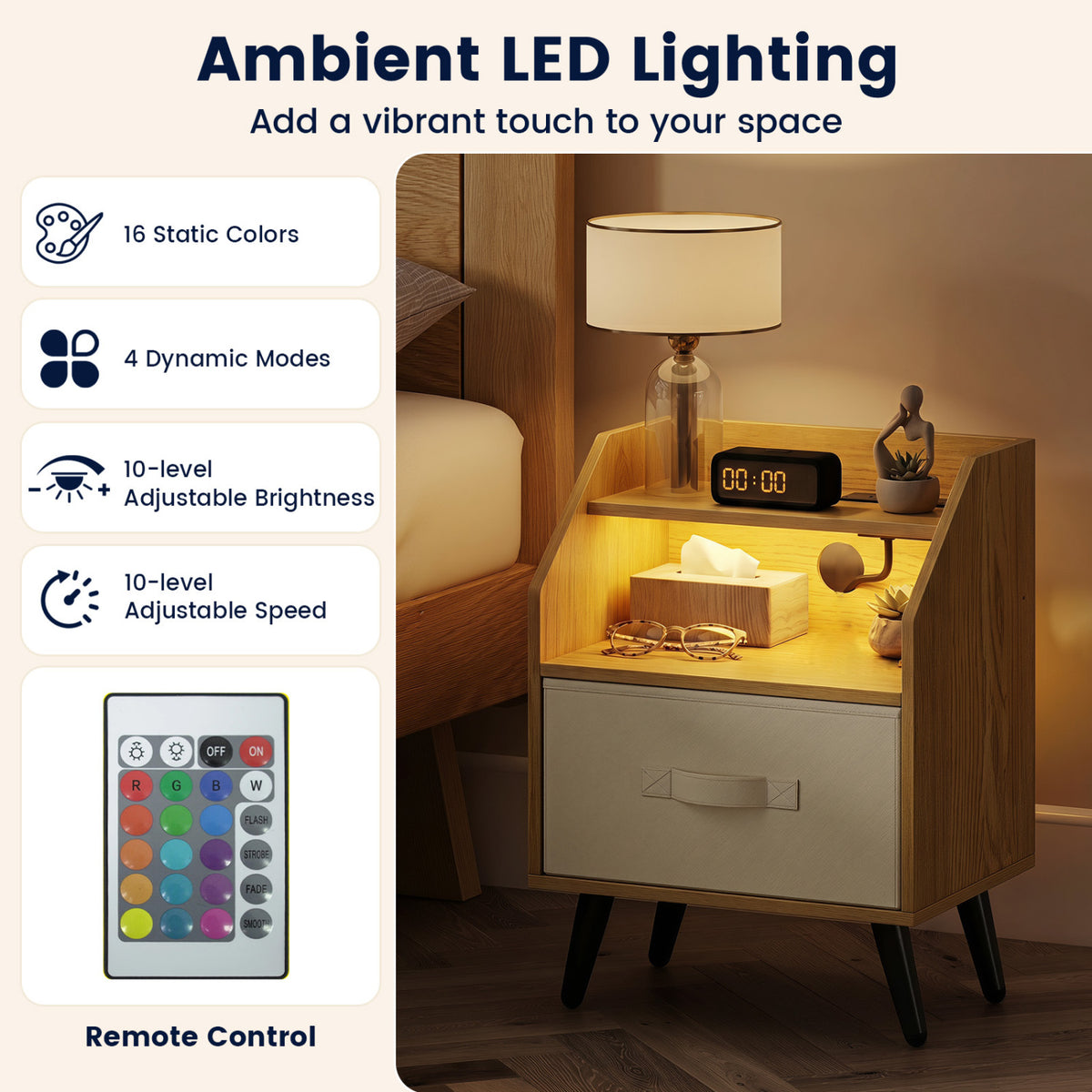 Nightstand with Power Outlets and Open Storage Shelf-Natrual view 7