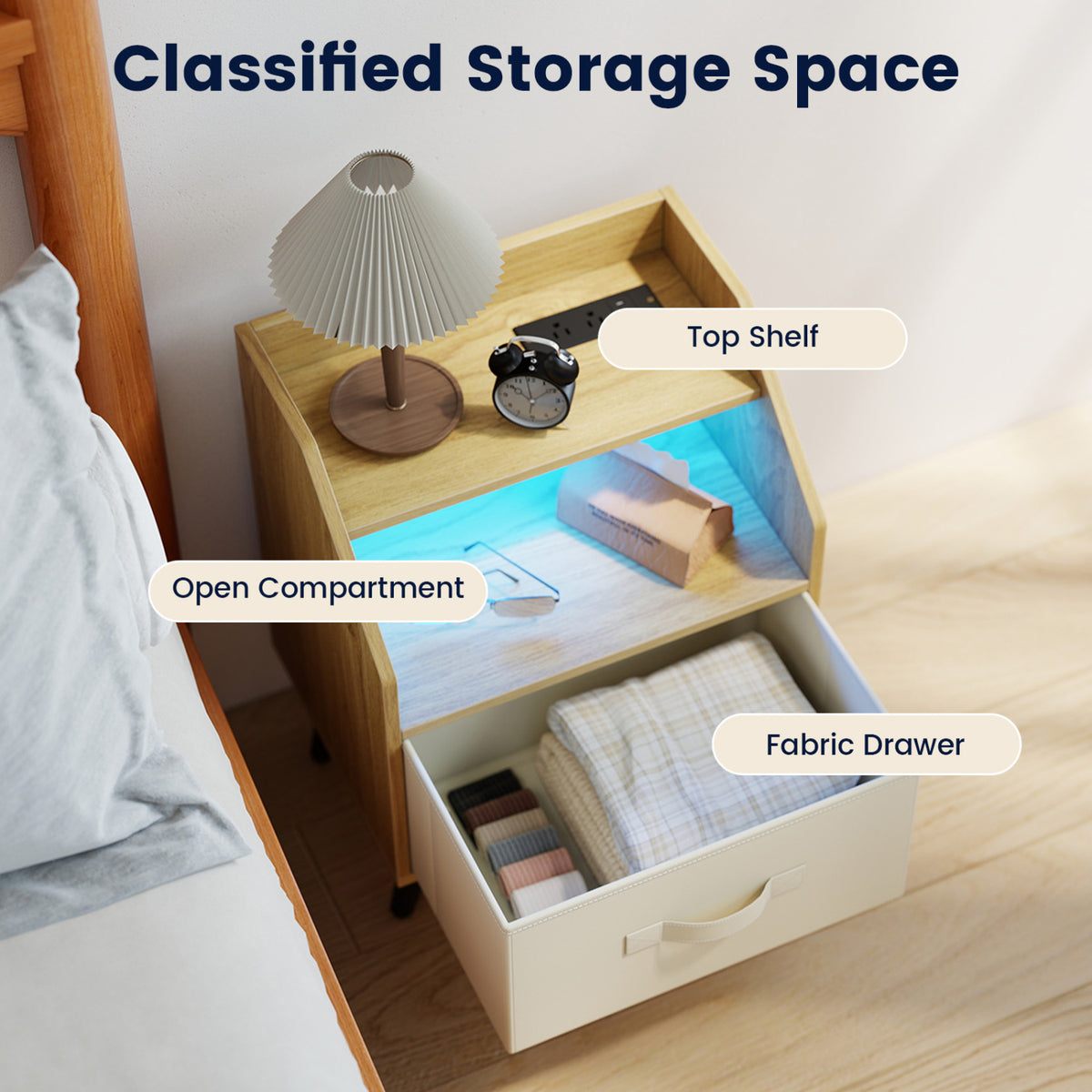 Nightstand with Power Outlets and Open Storage Shelf-Natrual view 9