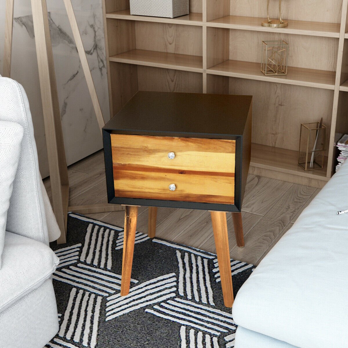 Mid-Century Wooden Multipurpose End Table with 2 Storage Drawers-Black view 3