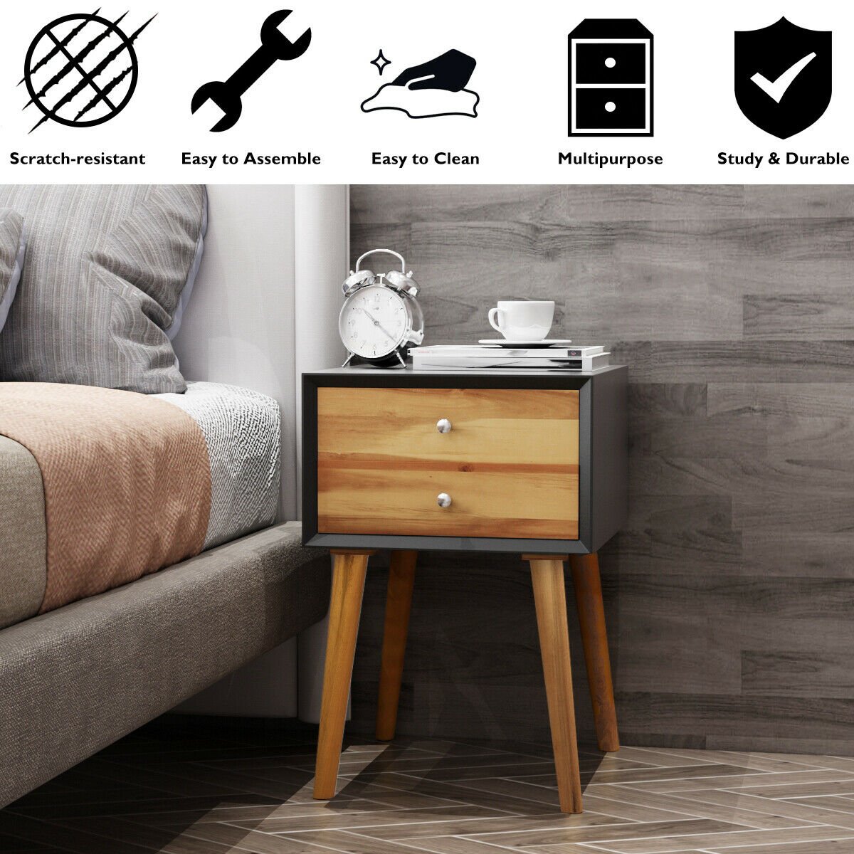 Mid-Century Wooden Multipurpose End Table with 2 Storage Drawers-Black view 9