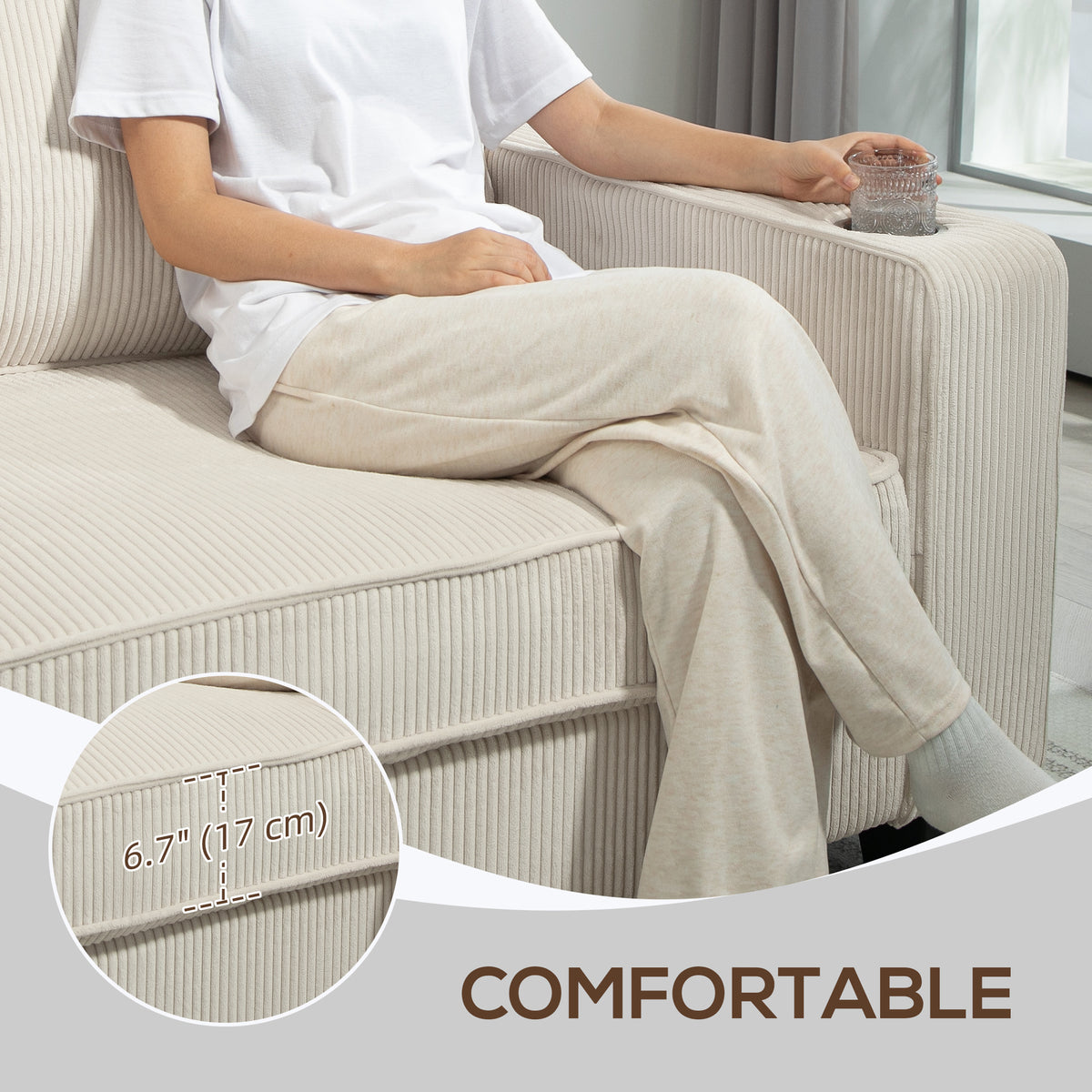 Three Seater Sofa, Fabric 3 Seater Couch with Spring Cushion and Cup Holders for Living Room, Bedroom – view 12