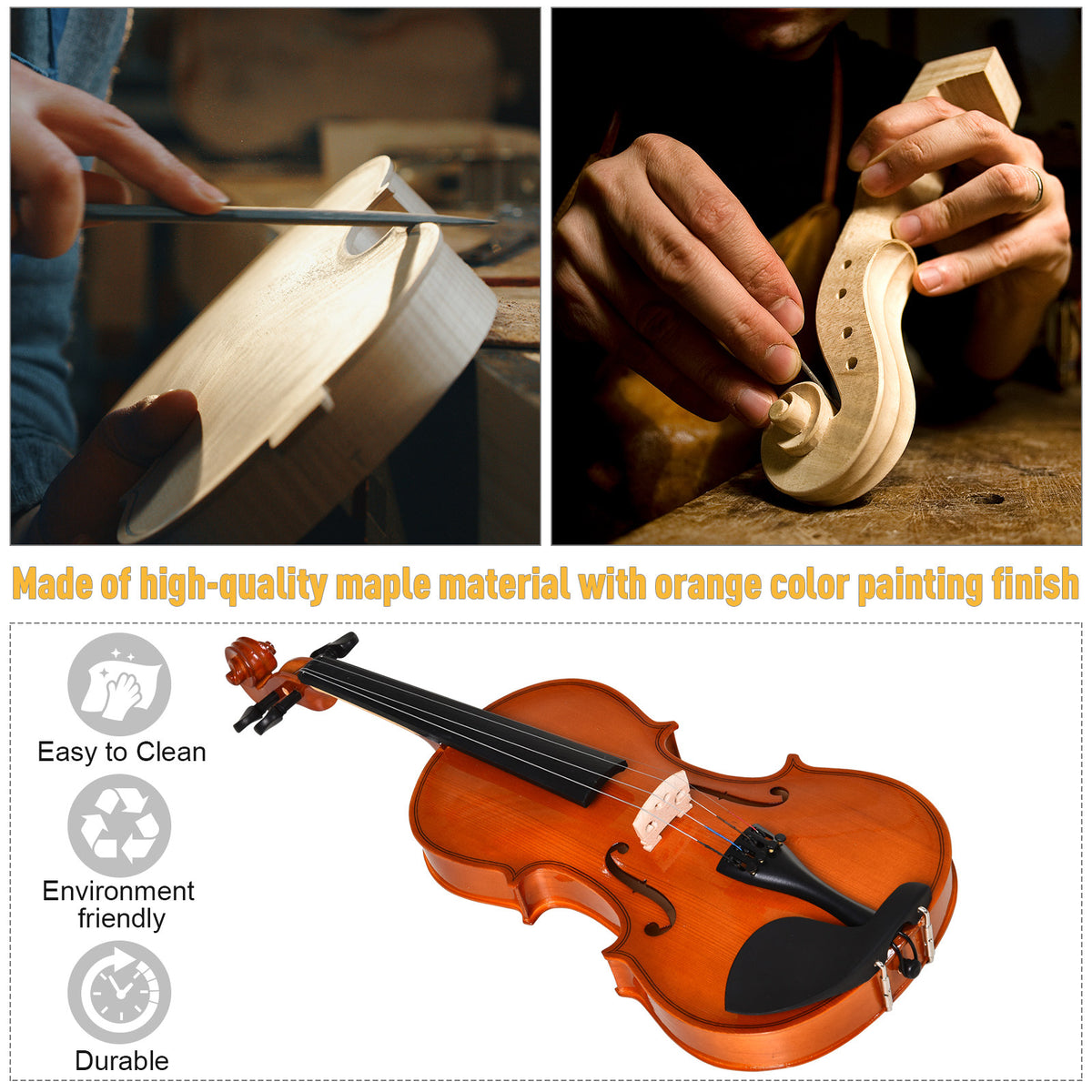 Soozier 4/4 Violin Maple Wood Full Set of Accessories Storage Box, Orange