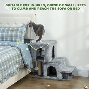4-Step Pet Stairs, Adjustable Height Cat Stairs with Scratching Posts Cat Condo, Hanging Ball for High Bed, Grey