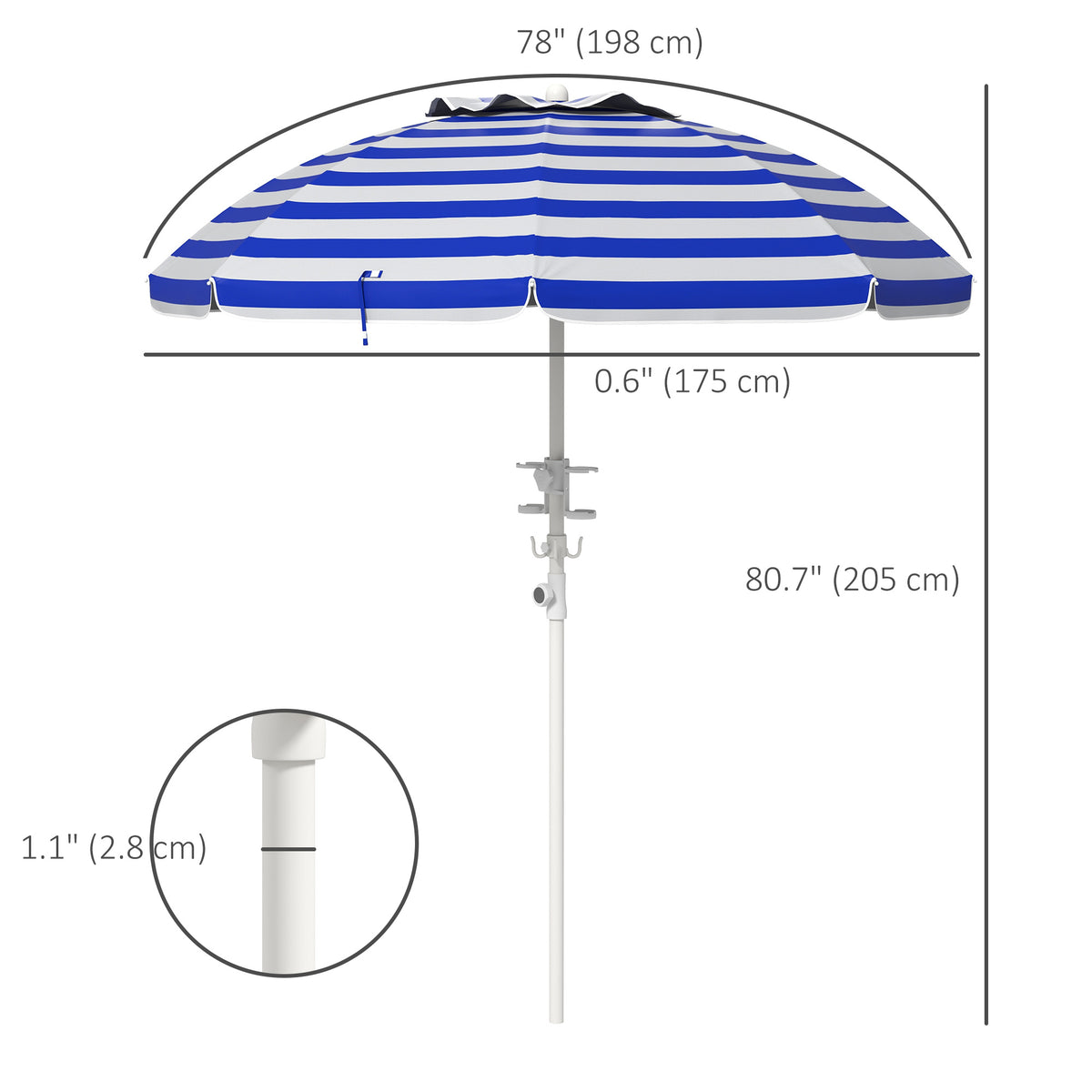 5.7' Beach Umbrella for Travel with Tilt, Adjustable Height, 2 Cup Holders, Hook, Vent, Ruffles, Blue and White