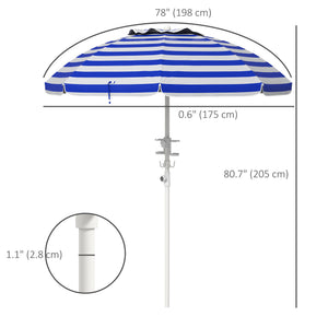 5.7' Beach Umbrella for Travel with Tilt, Adjustable Height, 2 Cup Holders, Hook, Vent, Ruffles, Blue and White