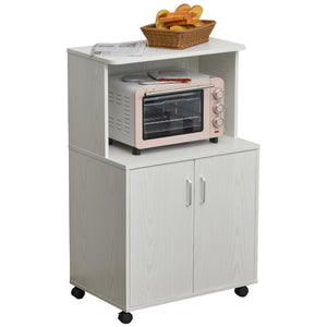 Microwave Cart on Wheels Utility Trolley Storage Sideboard Bookcase with 2-door Cabinet, Grey Wood Grain