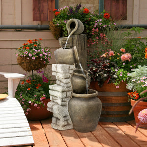 Wine Jars Outdoor Waterfall Fountain with Adjustable Flow, 4-Tier Rustic Resin Cascading Water Fountain, Decorative Backyard Water Feature for Zen Garden, Deck, Porch