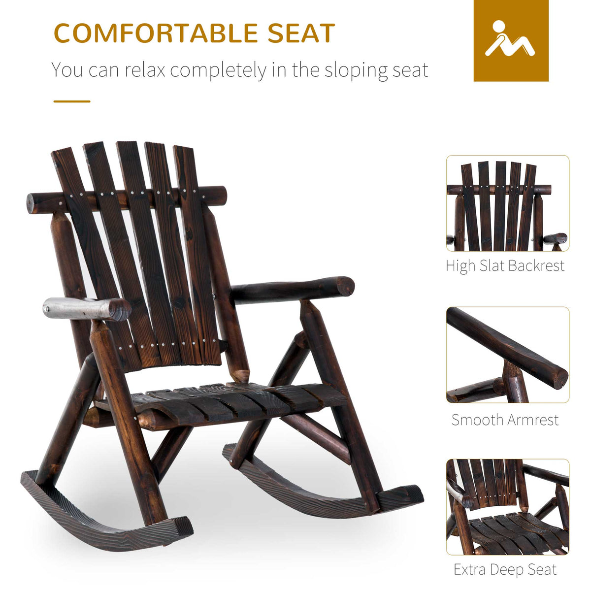 Wooden Outdoor Rocking Chair, Oversized Adirondack Patio Rocker with High Back and Slatted Seat, Carbonized – view 11