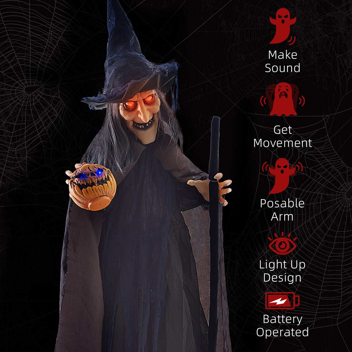 6.2' Life Size Decoration Animatronic Witch w/ Broomstick Outdoor Halloween, Sound & Motion Activated w/ Light Up Eyes