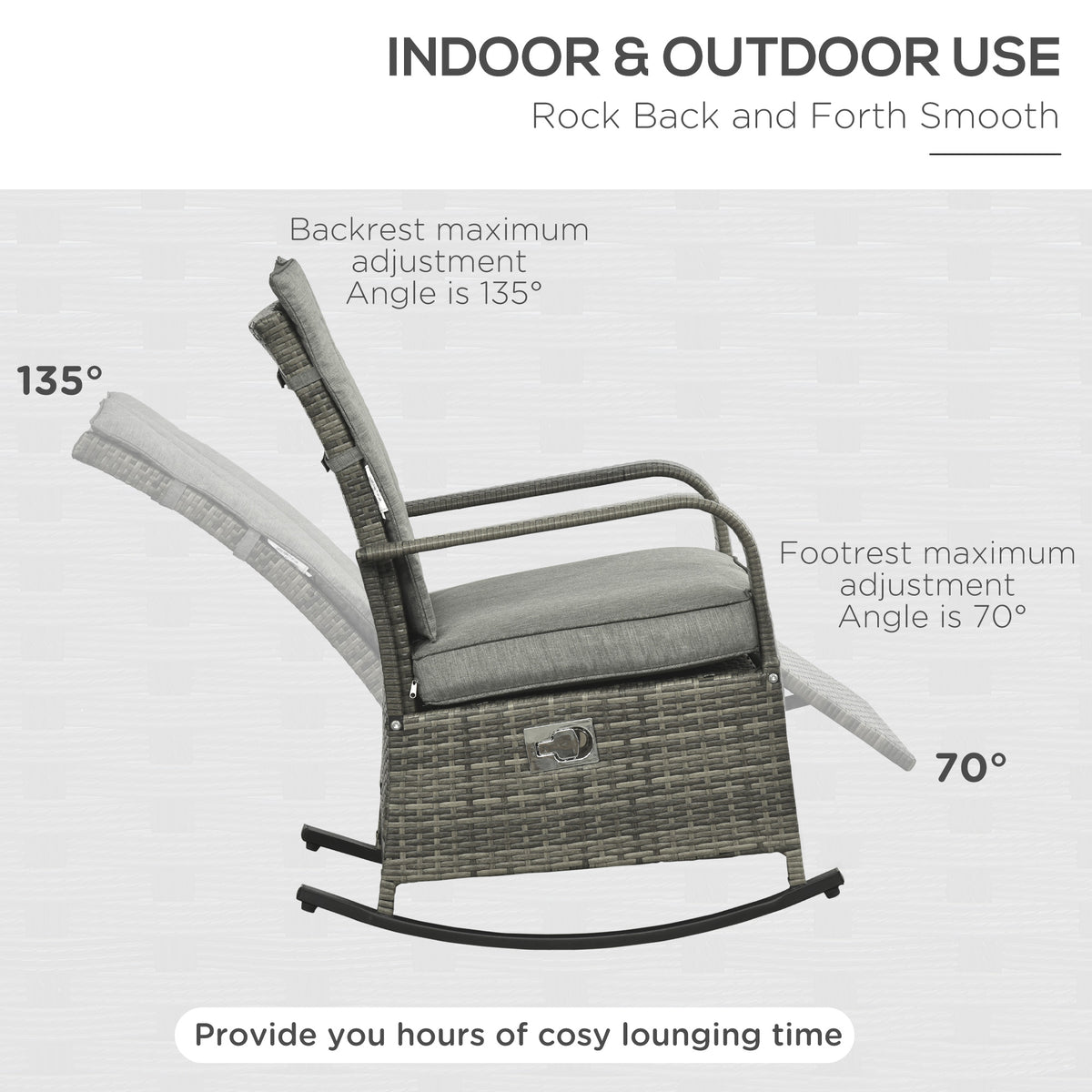 Outdoor Wicker Rocking Chair with Cushion, Patio PE Rattan Recliner Chair with Adjustable Footrest – view 11
