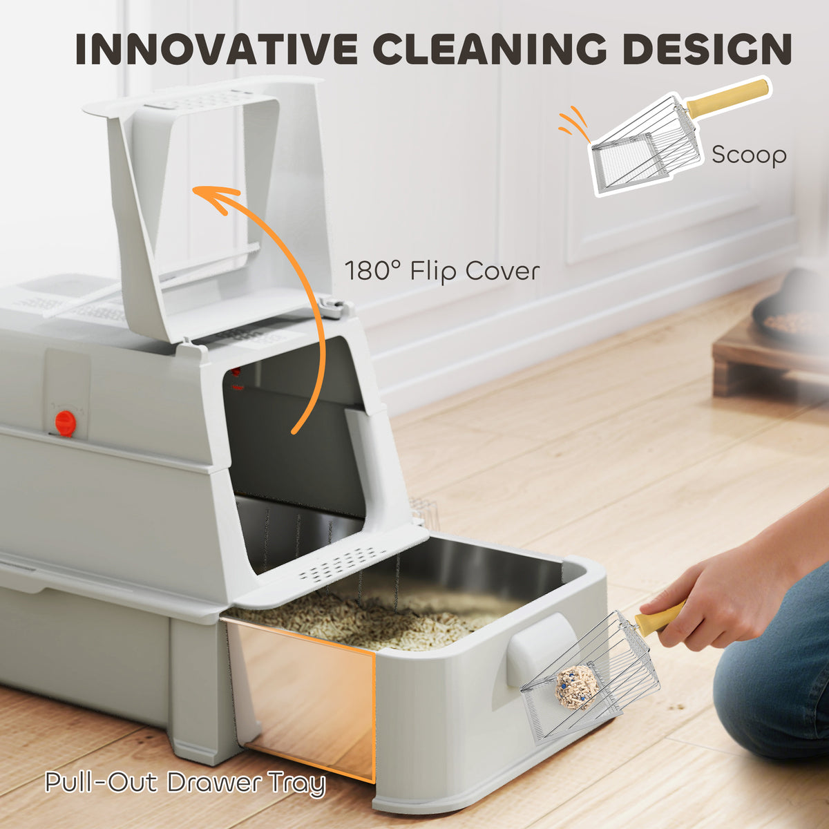 80L XL Stainless Steel Cat Litter Box for Big Cats with Flip Cover, Pull-Out Drawer Tray, High Sided – view 10