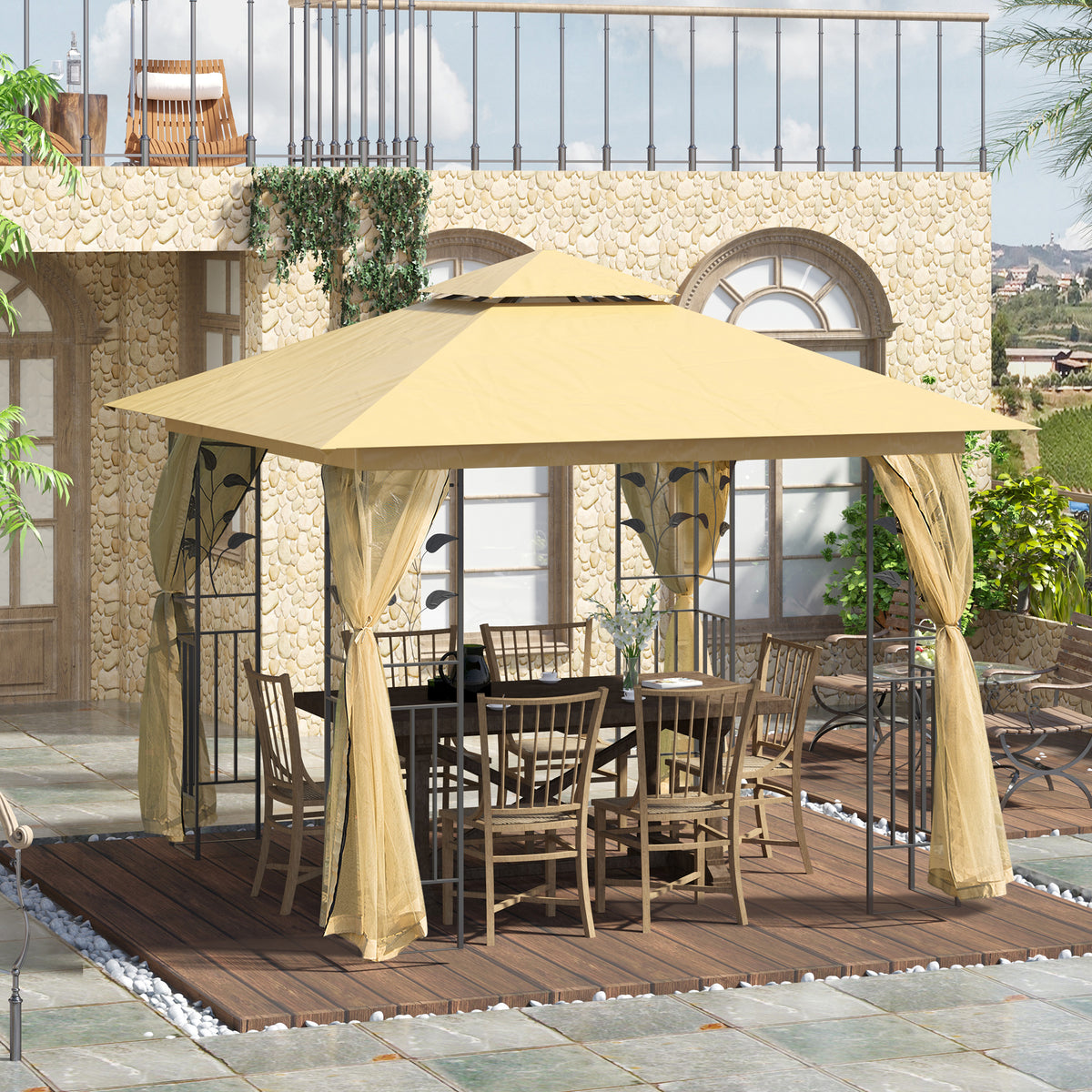 10'x10' Soft-top Steel Patio Gazebo Outdoor Sun Shelter with 2-Tier Polyester Roof, Curtain Sidewalls, Beige – view 7