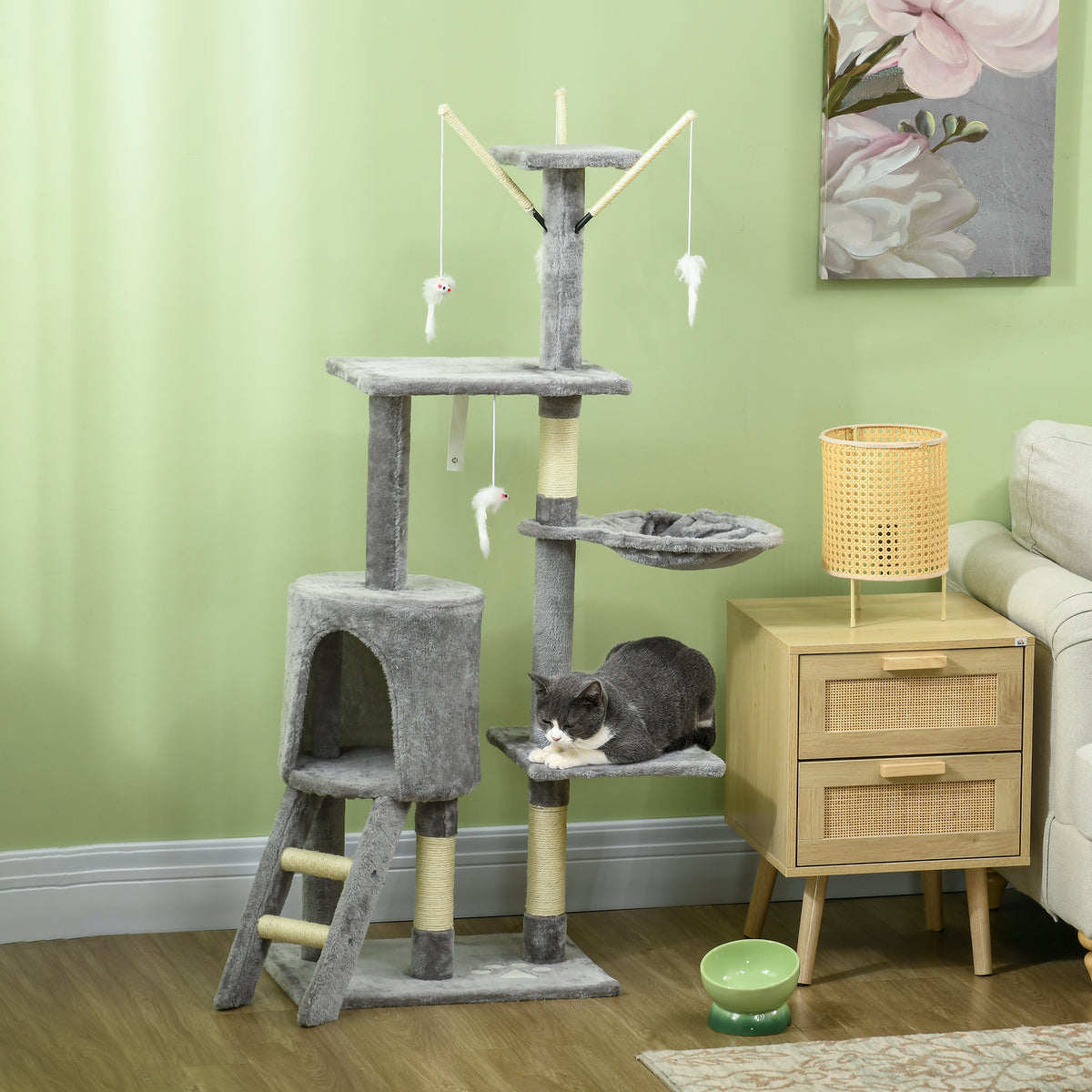 53" Cat Tree Tower, Kitten Activity Centre with Scratching Posts, Condo, Perches, Ladder, Hammock – view 7