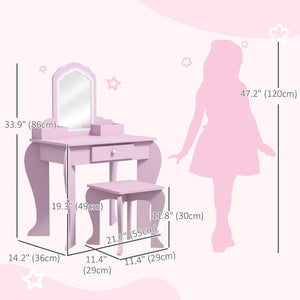Qaba Makeup Vanity with Mirror and Stool, Cloud Design, Drawer, Storage Boxes, for 3-6 Years Old, Pink