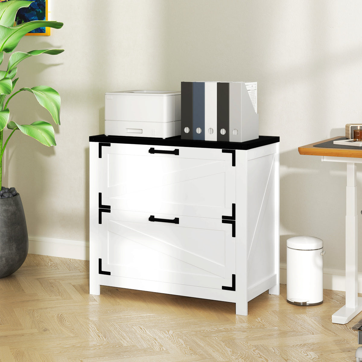 2 Drawer Filing Cabinet, Farmhouse Office Storage Cabinet with Adjustable Hanging Bars for Letter, A4, Legal Size, White