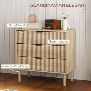 Bedroom Chest of Drawers, 3 Drawer Dresser with Fluted Panels and Solid Wood Legs, Storage Cabinet for Living Room, Oak