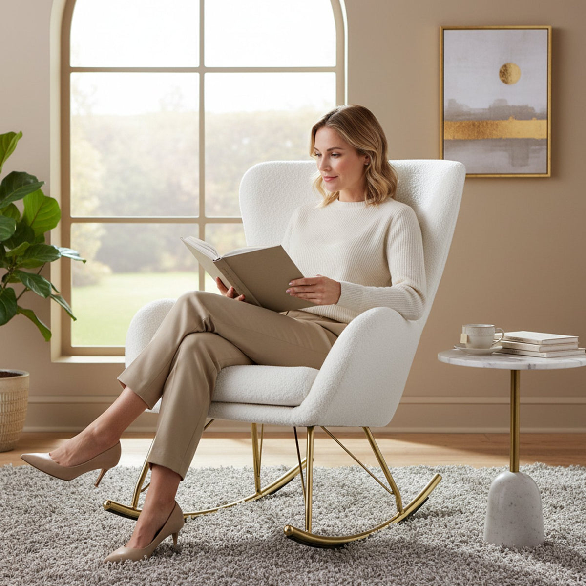 Nursery Rocking Chair with Curved Backrest and Armrests-White view 6
