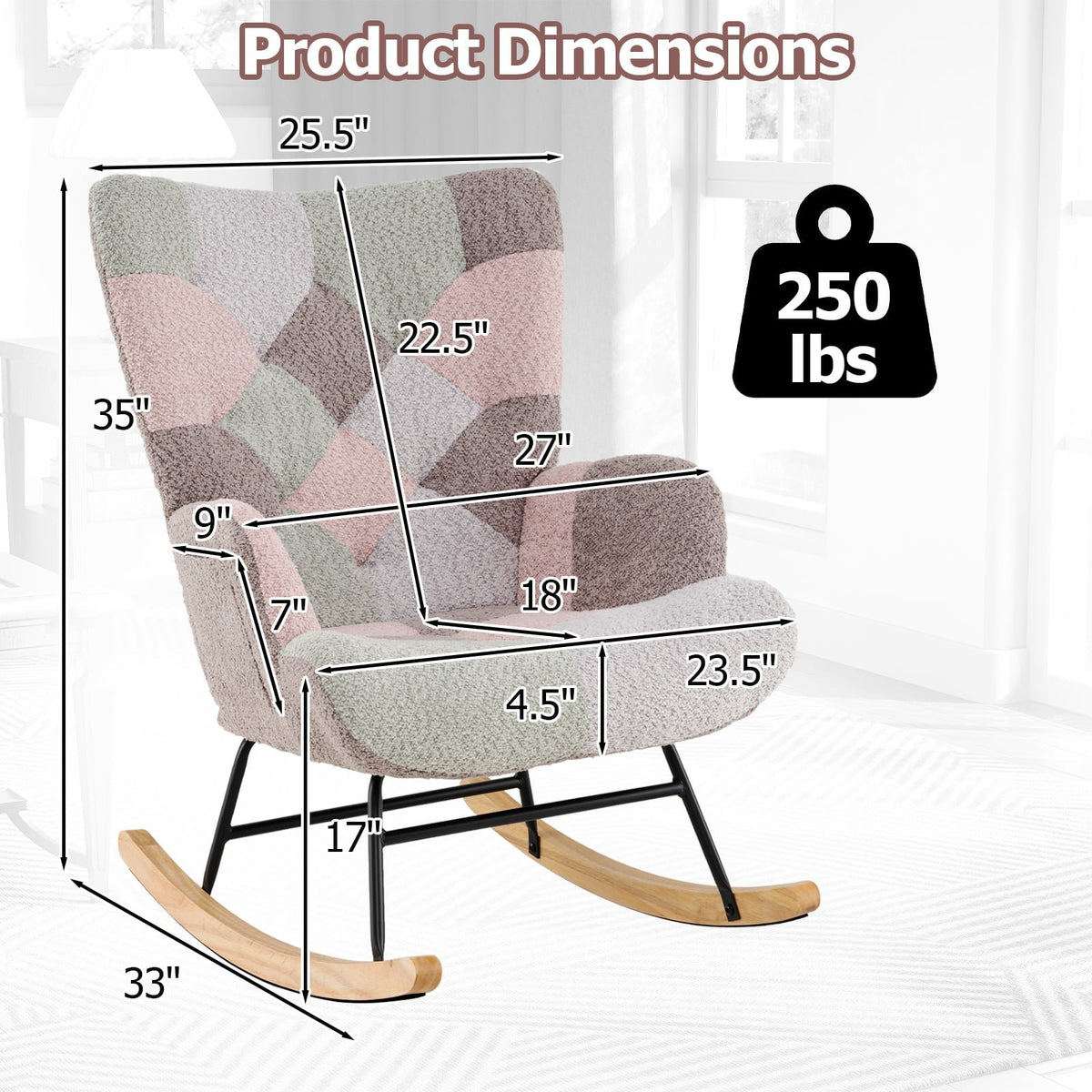 Nursery Rocking Chair with Ergonomic Armrests and High Backrest for Living Room view 5