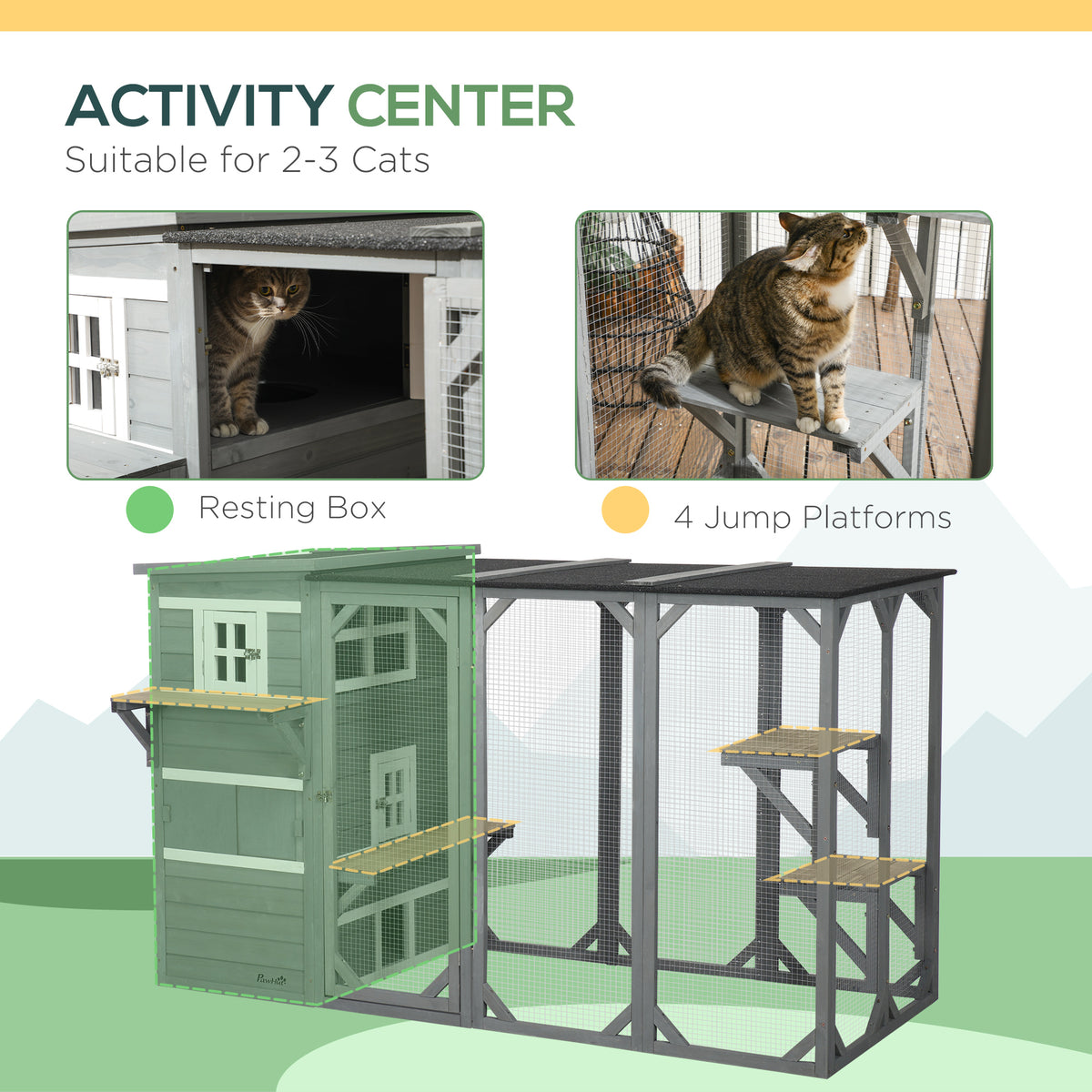 Wooden Cat Catio, 76"L Walk in Outdoor Cat House with Asphalt Roof, Platforms, Lockable Doors – view 3