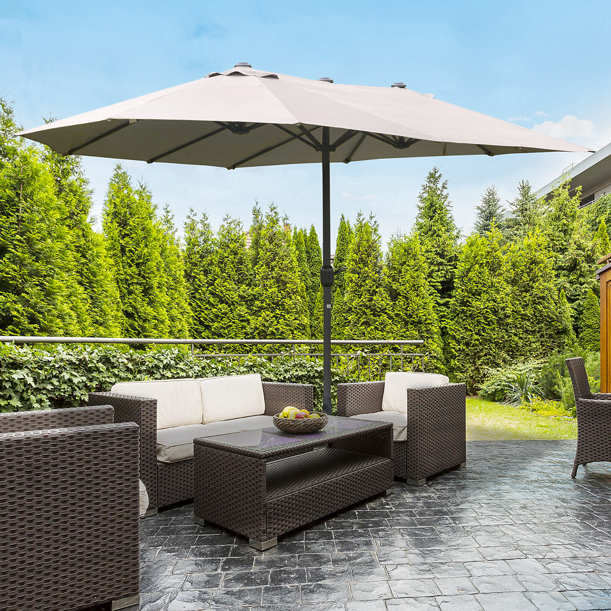 15' Outdoor Patio Umbrella with Twin Canopy Sunshade Steel Table Umbrella w/ Lift Crank, Cross base – view 12
