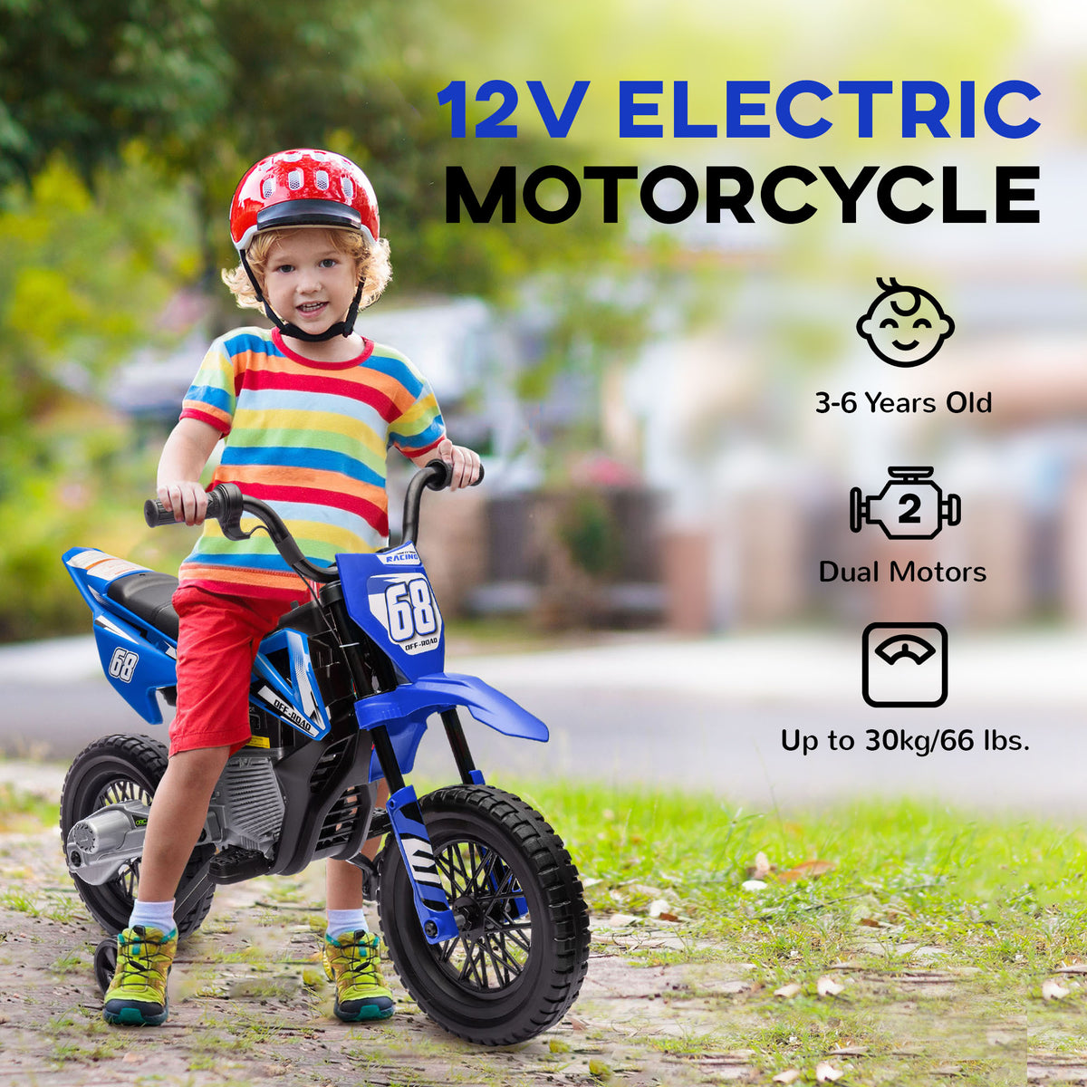Qaba 12V Kids Dirt Bike, Electric Motorcycle with Twist Grip Throttle, Training Wheels, Rear Suspension & Music