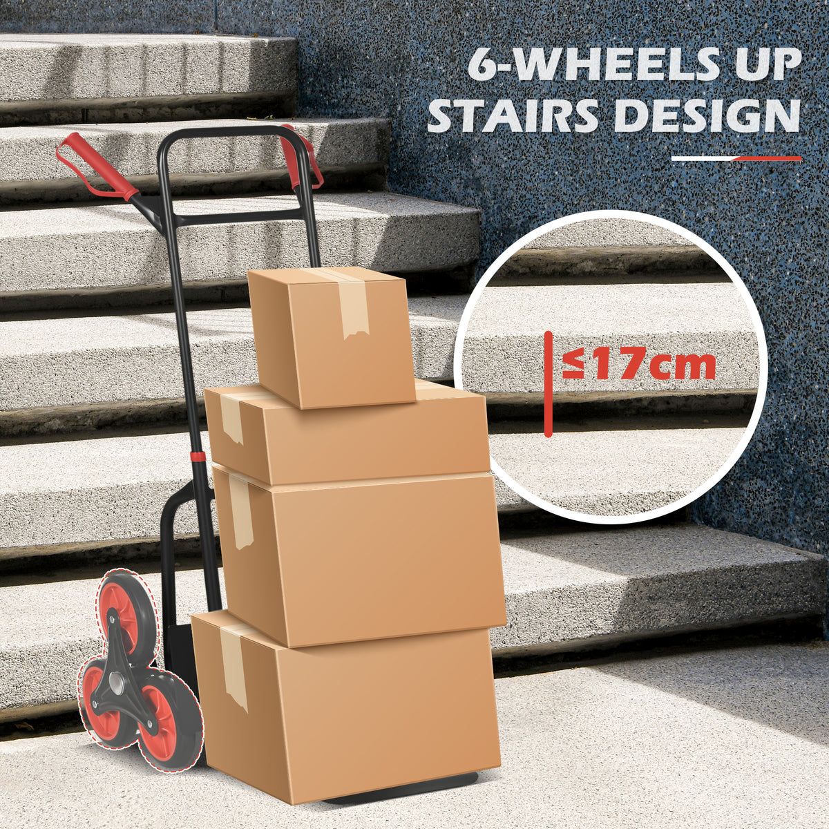 6-Wheels Stair Climber Trolley Cart, Hand Truck and Dolly, Foldable Steel Load Cart, 264lbs Capacity, Black and Red