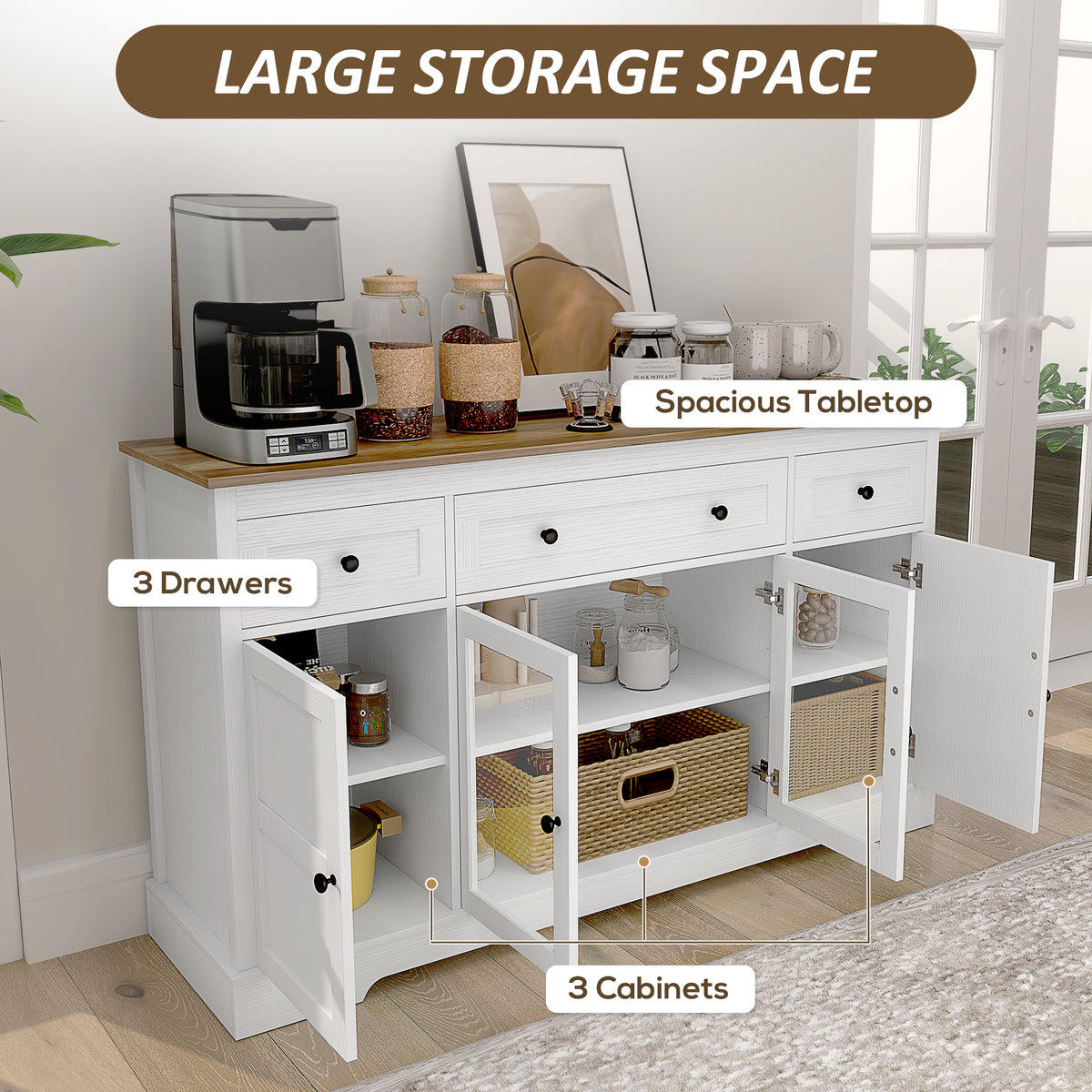 Dining Room Sideboard Buffet Cabinet with Storage, Coffee Bar Cabinet with Glass Doors and Adjustable Shelves, Weathered Grey Oak