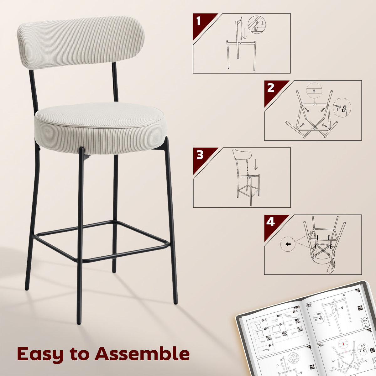Set of 2 Barstools, Upholstered Corduroy Bar Stools with Backrest, Footrest for Kitchen Island, Dining Room, Cream White