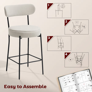 Set of 2 Barstools, Upholstered Corduroy Bar Stools with Backrest, Footrest for Kitchen Island, Dining Room, Cream White