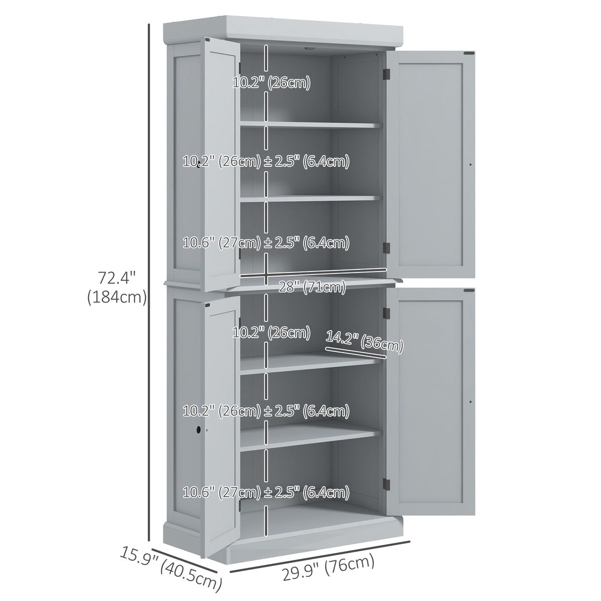 72.5" Freestanding Kitchen Pantry Cabinet with 4 Doors, Grey