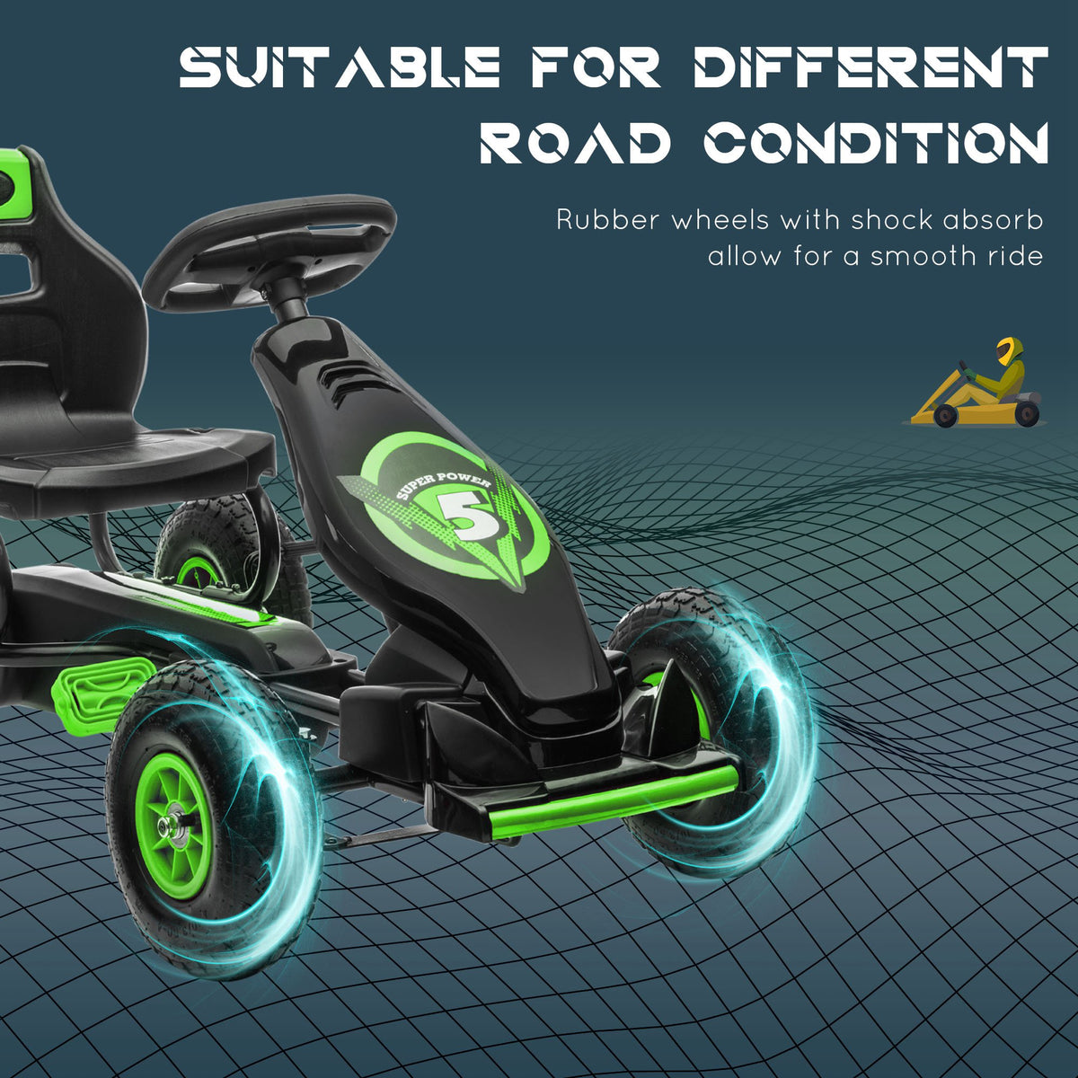 Pedal Go Kart w/ Adjustable Seat, Rubber Wheels Shock Absorb, Green