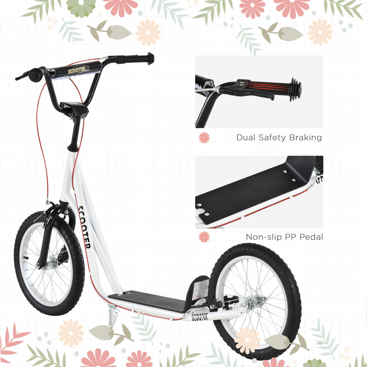 Aosom Kids Kick Scooter for 5+ Year Old, Kids Ride on Toy w/ 16'' Inflatable Wheel Dual Brakes
