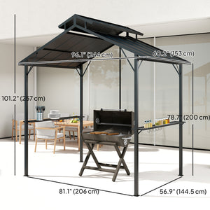 8 x 5ft Hardtop Grill Gazebo with Double Metal Roof, 2 Side Shelves and 10 Hooks for Patio Backyard Lawn Deck