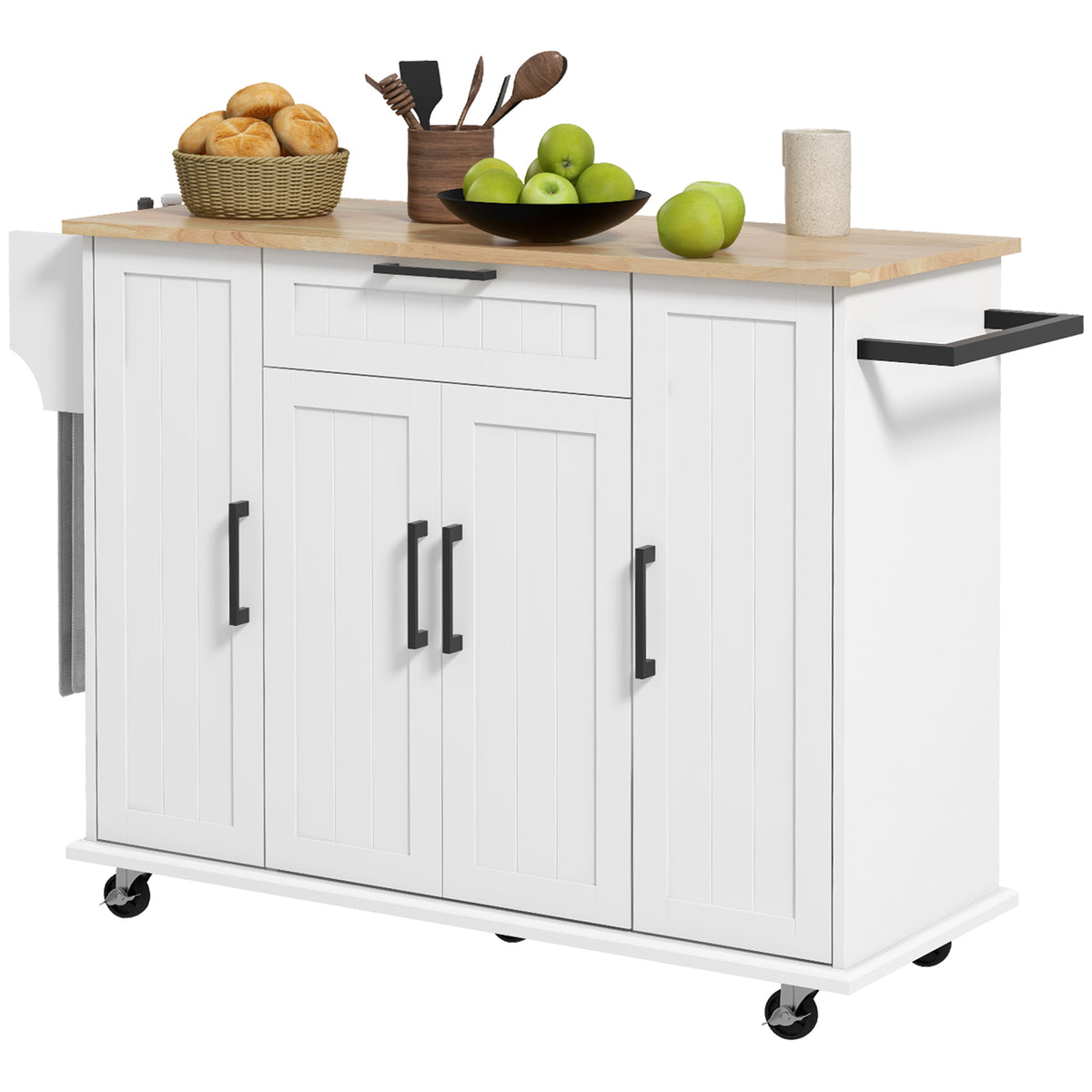 Modern Rolling Kitchen Island Cart with Drawers, Natural Wood Top, Towel Rack, Door Storage Cabinet, Black – view 15